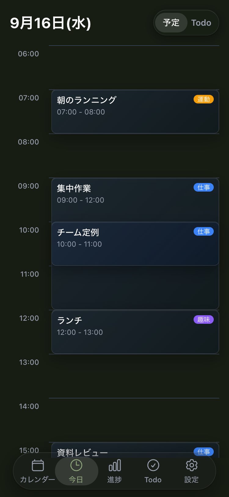 CalDScheduleの今日のタイムライン表示のスクリーンショット